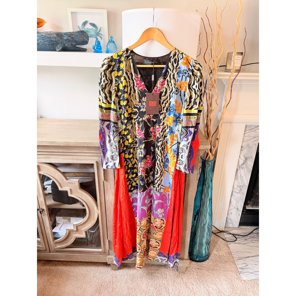 NWT Etro Milano Patchwork Floral Animal Print Midi Dress Womens Multicolor IT 42